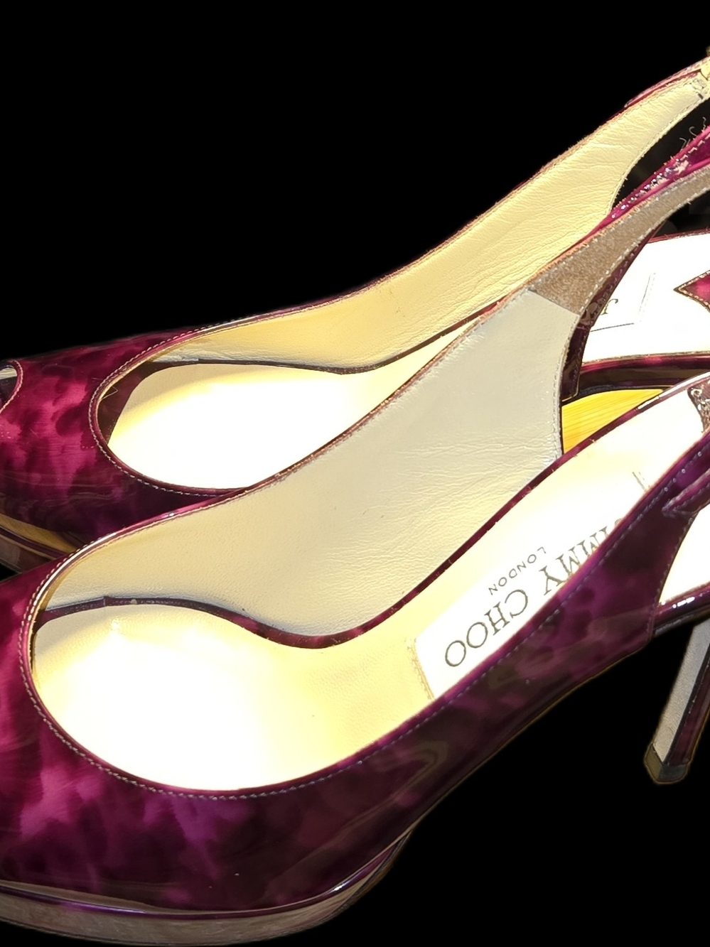 Jimmy Choo Nova Plum Tortoiseshell Patent Leather Peep-Toe Slingbacks Size 37.5